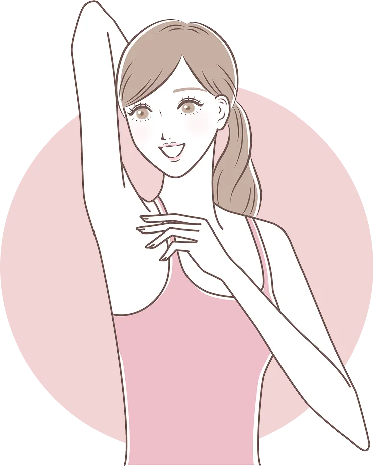 女性が片手をあげてキレイになった脇を見ているイラスト