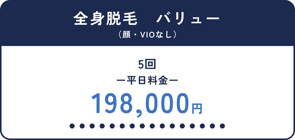 全身脱毛バリュー顔VIOなし5回198,000円